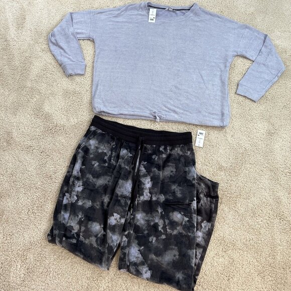 THREE DOTS Pajama Set Womans L Purple Gray Black knit Velour Lounge Stretch NWT - Picture 1 of 14